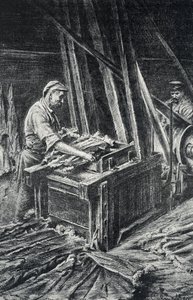 Lederverarbeitung: das Weichmachen der Tierhäute in einer Walkmühle (Gravur aus der Sammlung Pierre Calmette) von Pierre Calmettes