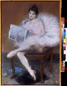 Sitzende Balletttänzerin. Ballerina im Tutu liest "die kleine Zeitung" von Pierre Carrier Belleuse