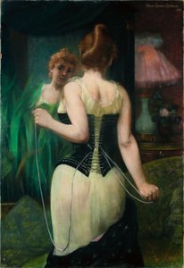 Junge Frau, die ihr Korsett anpasst, 1893 von Pierre Carriere Belleuse