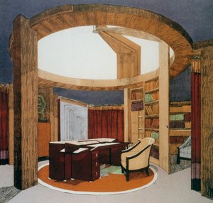 Entwurf für ein Studierzimmer (Bureau-Bibliotheque) für die französische Botschaft, von Pierre Chareau (1883-1950), präsentiert auf der Internationalen Ausstellung für dekorative Kunst in Paris, 1925, Frankreich, 20. Jahrhundert