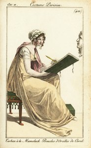 Frau zeichnet eine klassische Büste in ein Skizzenbuch, Paris
