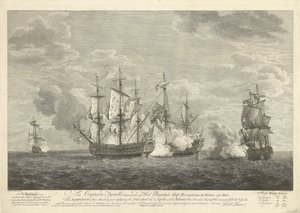 Angriff eines englischen Schiffes auf drei französische Schiffe bei Sint Eustatius, 1758 von Pierre Charles Canot