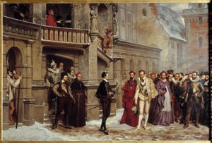 Treffen zwischen Heinrich III., König von Frankreich (1551-1589) und Heinrich I. von Lothringen, Herzog von Guise von Pierre Charles Comte