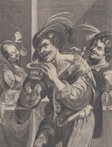 Mann isst Suppe, während zwei Personen ihm zuschauen, 1624-75