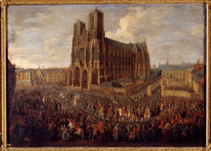 Kavalkade führt Ludwig XV zur Abtei Saint Remy von Reims, 26. Oktober 1722 (Gemälde von Pierre Denis Martin)