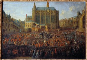 Abreise von Ludwig XV. nach dem Bett der Gerechtigkeit, das das Testament von Ludwig XIV. bricht, gehalten in der Großen Kammer des Parlaments von Paris von Pierre Denis Martin