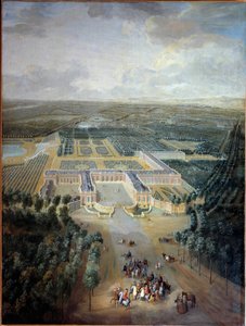 Perspektivische Ansicht des Schlosses und der Gärten von Trianon: Spaziergang von König Ludwig XV. zu Pferd. (Detail)