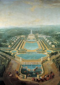Perspektivische Ansicht des Schlosses von Marly, König Ludwig XV. (1710-1774) als Kind in einer Kutsche vor dem Wasserbecken. Gemälde von Pierre Denis Martin (1663-1742) 1724