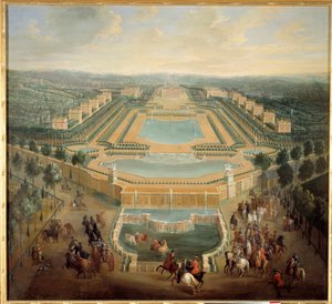 Perspektivische Ansicht des Schlosses von Marly, König Ludwig XV. verlässt das Schloss