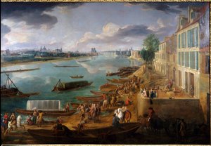 Ansicht von Paris, vom Quai de la Rapée aus im Jahr 1716 (Detail der Boote auf der Seine und Aktivitäten). Gemälde von Pierre Denis Martin (1663-1742) 1716. Maße 1,7x3,15 m. Paris, Musée Carnavalet von Pierre Denis Martin