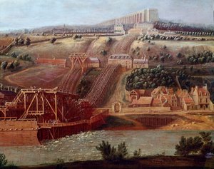 Ansicht der Maschine des Aquädukts von Marly in Bougival. Detail. Gemälde von Pierre Denis Martin (17. Jahrhundert)