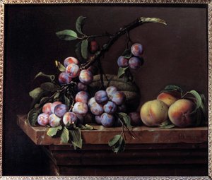 Pflaumen, Kürbis und Pfirsiche auf einem Marmorsockel von Pierre Dupuis