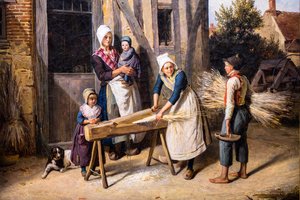Die Bauernfamilie (Bauern beim Hanfvorbereiten vor der Hütte) von Pierre Duval Le Camus