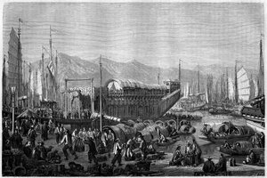 Boot des Fleurs, ein Restaurant und Vergnügungsort im Hafen von Shanghai, 1860, China. Gravur von Grandsire, in "Le Tour du Monde, Nouveau journal des Voyages", herausgegeben von Edouard Charton, Paris von Pierre Eugene Grandsire