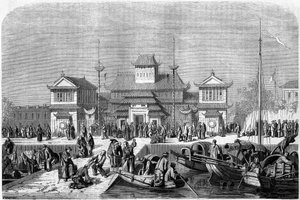 Zollansicht im Hafen von Shanghai im Jahr 1860, China. Gravur von Grandsire, in „Le Tour du Monde, Nouveau journal des Voyages“, herausgegeben von Edouard Charton, Paris