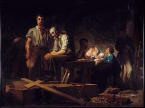 Revolution von 1848: Erste Arbeit nach dem Aufstand im Februar 1848. Trauer der Familien der Opfer, die an den Februartagen 1848 starben von Pierre Eugène Lacoste