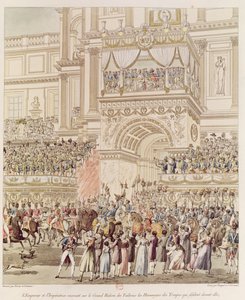 Der Kaiser und die Kaiserin empfangen die Huldigung der französischen Truppen vom Balkon der Tuilerien anlässlich ihrer Hochzeit, graviert von Charles Pierre Joseph Normand (1765-1840) von Pierre Francois Leonard Fontaine