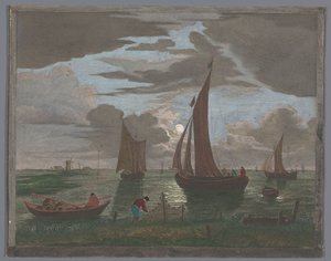 Gezicht op een kust met schepen en boten op het water bij maanlicht
