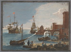 Ansicht eines Seehafens mit Schiffen und Booten auf dem Wasser von Pierre François Basan
