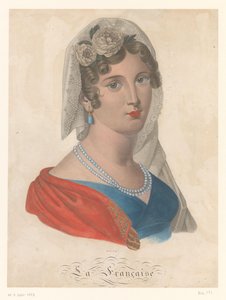 Französische Frau mit Ohrring mit blauem Edelstein, weißem Schleier und Rosen im Haar