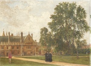 Im Gelände des Magdalen College, mit Porträts der Magdalen Fellows: Reverend T. H. T. Hopkins, Reverend H. R. Bramley, Reverend J. Rigaud und Reverend H. F. Garnsey, 1882 von Pierre François Joseph Tonneau