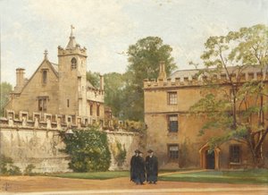 Die Grammatikhalle vom St. Johns Quadrangle im Jahr 1881: Präsident Bulley in der Lodgings Drive und zwei andere, 1881 von Pierre François Joseph Tonneau
