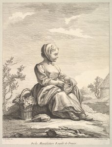 Kleines Mädchen, das Trauben hält, mit einem Korb davon an ihrer Seite, aus Deuxième Livre de..., nach 1757