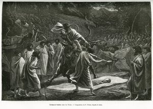 Eine Beerdigungszeremonie für die Todas, eine kleine pastorale Gemeinschaft auf dem Nilgiri-Plateau (Südindien), während der Beerdigung werden Rinder geopfert. Gravur von P. Fritel, um den Bericht Erinnerungen an eine Reise zu den Nilgherries zu illustrier von Pierre Fritel