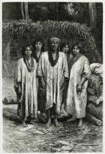 Häuptling Lacandon und Lacandon-Typen, Maya-Volk, das in den Dschungeln von Chiapas (Mexiko) lebt. Gravur von P. Fritel, zur Illustration der Geschichte „Reise nach Yucatan und das Land der Lacandons“, 1882, von Désiré Charnay (1828-1915), Archäologe und F von Pierre Fritel