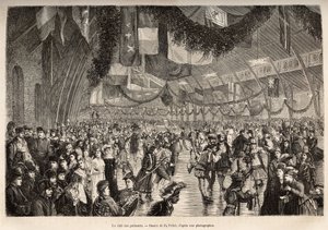Der Montrealer Schlittschuhläuferclub, bei einem Treffen für einen Kostümschlittschuhabend, graviert nach einer Zeichnung von P. Fritel, zur Illustration des Ausflugs nach Kanada und der Riviere Rouge du nord, von H. De Lamotte, 1873, veröffentlicht in „Le