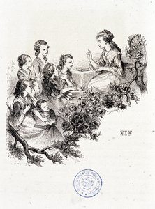 Junge Haushälterin erzählt einer Gruppe von Kindern eine Geschichte - in „Le magasin des enfants“ von Mme Leprince de Beaumont, ill. Staal, Garnier von Pierre Gustave Eugene Staal