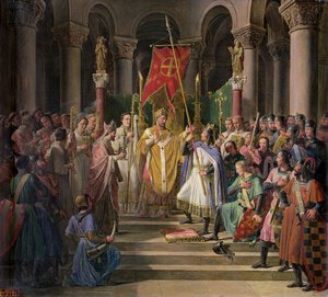 Philipp August (1165-1223), König von Frankreich, nimmt das Banner in St. Denis, 24. Juni 1190, 1841 von Pierre Henri Revoil