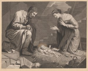 Maria und Josef in Anbetung vor dem Christuskind von Pierre Landry