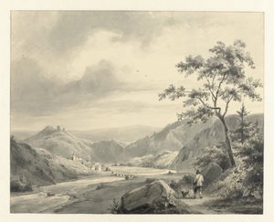 Hügellandschaft mit Jäger und Hund auf dem Weg