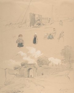 Studienblatt mit Figuren und Landschaften bei Arnemuiden in der Nähe von Middelburg..., Mitte des 19. Jahrhunderts von Pierre Louis Dubourcq