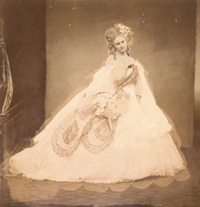 La Bisi. Boudoir, grauer Samtrobe, rosa Moiré, rosa Blumen, graue Blätter von ihrer Mai, 1860er