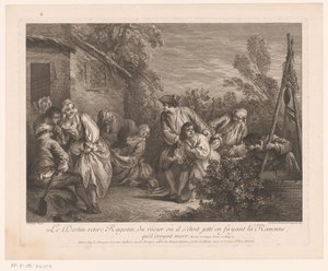 Ragotin flieht in einen Rosenstrauch (Szenen aus dem Roman Comique von Scarron) von Pierre Louis Surugue
