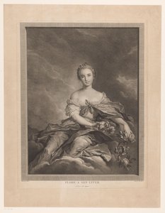 Flora auf Wolken mit Blumen in der Hand