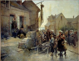 Rückkehr vom Sturm. Ein Seemann klopft an die Tür einer Frau eines Fischers, der im Sturm gestorben ist, um ihr die Nachricht zu überbringen von Pierre Marie Beyle