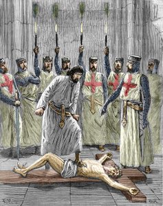 Häresie der Templer: Darstellung einer Zeremonie des Eintritts eines Ritters in den Orden des Tempels, wobei der Templer, gemäß den nach ihrer Verhaftung und ihrem Prozess im Jahr 1307 veröffentlichten Geständnissen, gezwungen wurde, Christus zu verleugnen