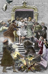 Sozinianismus und die kleine polnische Kirche: die Einwohner von Krakau verbrennen die Werke von Faustus Socinus auf dem öffentlichen Platz und zwingen ihn, 1598 dem Autodafé beizuwohnen von Pierre Mejanel