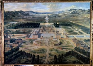 Ansicht des Schlosses und der Gärten von Versailles, von der Pariser Allee aus gesehen