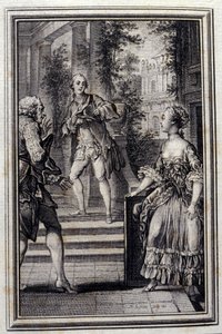 Die Vertraute ohne Wissen oder das Stratageme - in „Tales et nouvelles en vers“ von Jean La Fontaine. 1776. Illustration von P.P. Choffard. von Pierre Philippe Choffard