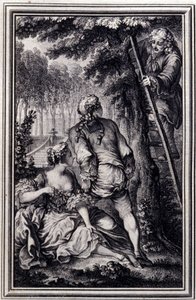 La Gageure des trois commeres - in „Tales et nouvelles en vers“ von Jean La Fontaine. 1776. Illustration von P.P. Choffard von Pierre Philippe Choffard