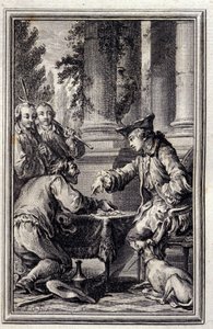Geschichte eines Bauern, der seinen Herrn beleidigt hatte - in „Tales and news in verse“ von Jean La Fontaine. 1776. Illustration von P.P. Choffard von Pierre Philippe Choffard