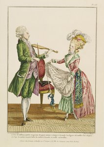 Ein Herr spielt Geige, während eine Dame tanzt, graviert von J. Pelicier