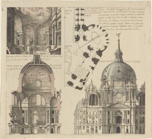 Drei Ansichten und ein Plan einer dreieckigen Pfarrkirche von Pierre Varin
