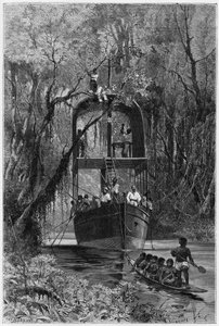 Ein Floßboot, ausgeliehen vom Entdecker, um den oberen Samiria (Peru) hinunterzufahren. Gravur von Vignal zur Illustration der Geschichte Amazon und Cordilleres von Pierre Vignal