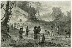 Speerwurfspiele zwischen 2 Stämmen der Zaparros, Männer üben und Frauen reiten ohne Angst um die Spieler herum und servieren ihnen Getränke. Gravur von Vignal, zur Illustration der Geschichte „Amazonas und Kordilleren“