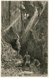 Suno-Indianer, von den Ufern des Napo-Flusses (Amazonas), jagen mit Blasrohr. Gravur von Vignal, zur Illustration der Geschichte „Amazonas und Kordilleren“ von Pierre Vignal